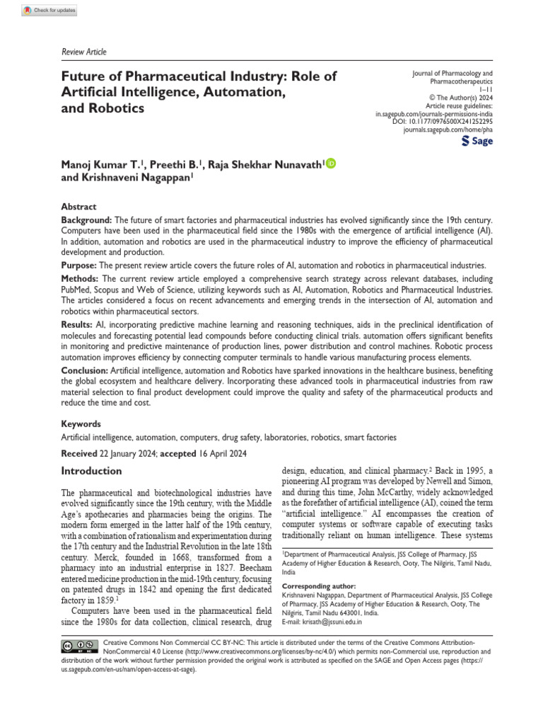 t Et Al 2024 Future of Pharmaceutical Industry Role of Artificial ...