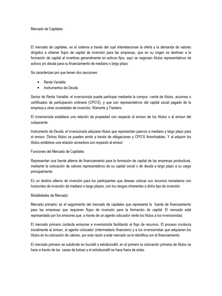 Introducción al Mercado de Capitales | PDF | Bolsa | Capitalización de ...