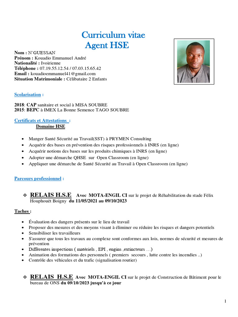 CV Agent HSE de Kouadio N'Guessan | PDF | Sécurité | Santé et sécurité ...