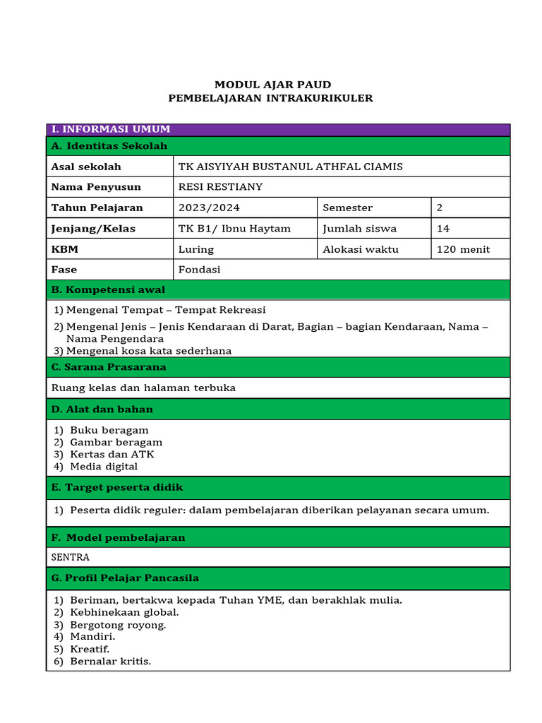 Modul Ajar PAUD: Pembelajaran Sentra | PDF