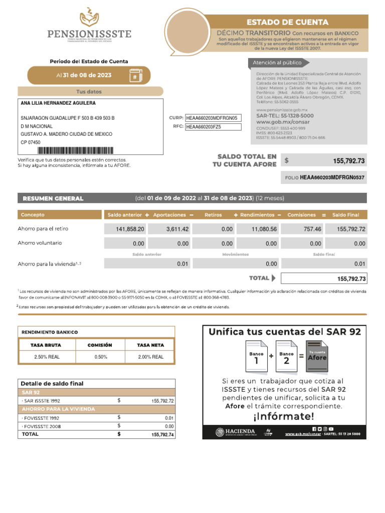 Estado de Cuenta SAR FOVISSSTE 2023 | PDF
