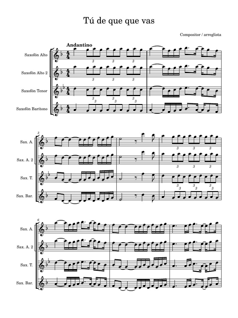 Tu de que vas cuarteto de sax en coro | PDF | Saxophone | Musical ...