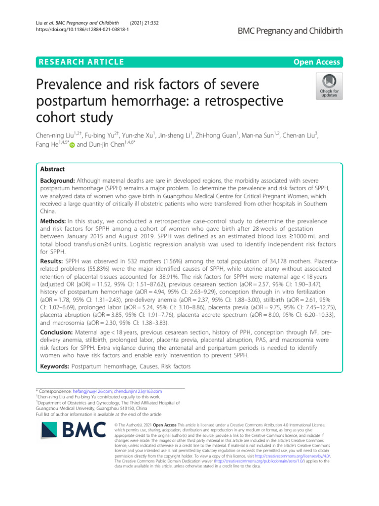 Prevalence and Risk Factors of Severe Postpartum Hemorrhage - A ...