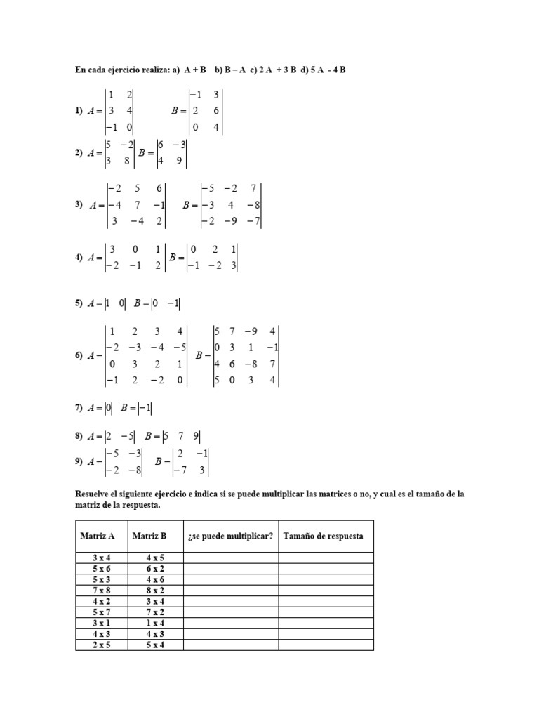 Ejercicios de Operaciones con Matrices | PDF | Teoría de la matriz ...