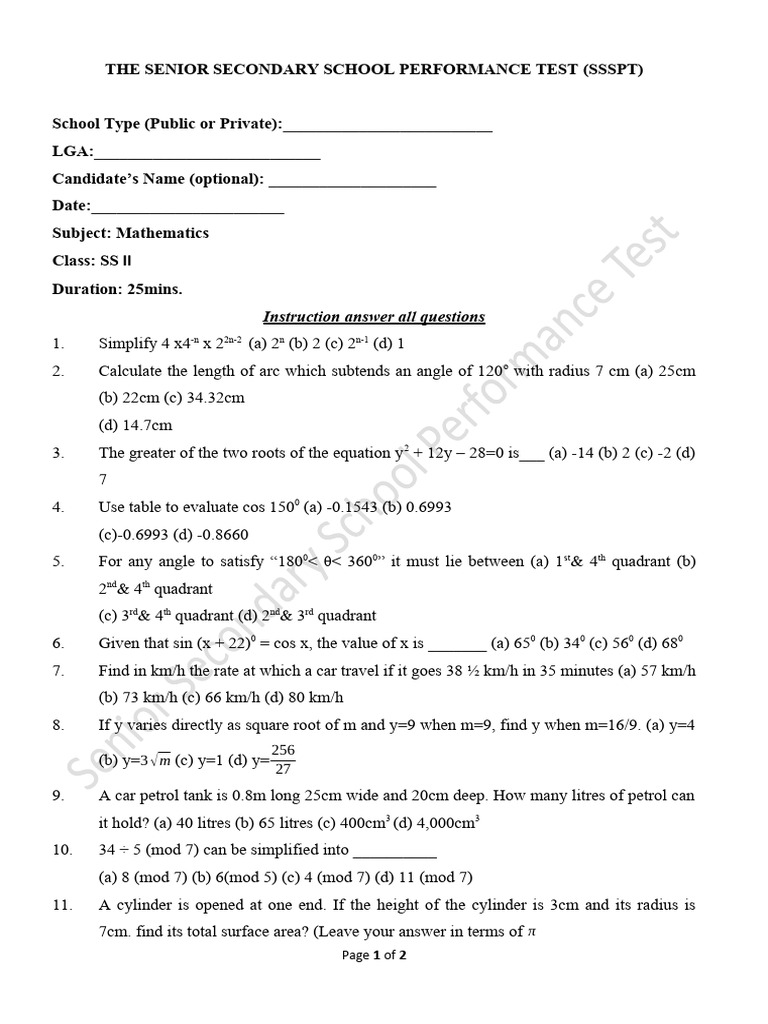 Senior Secondary School Math Test | PDF | Mathematics