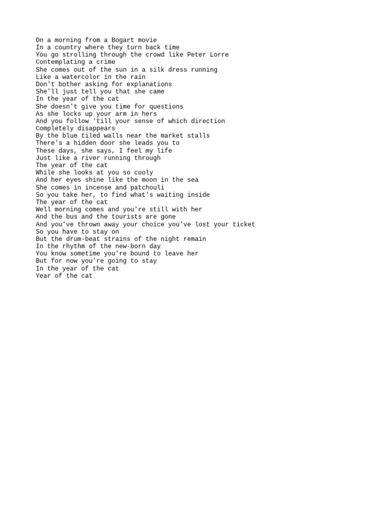 Words To Year Of The Cat Song