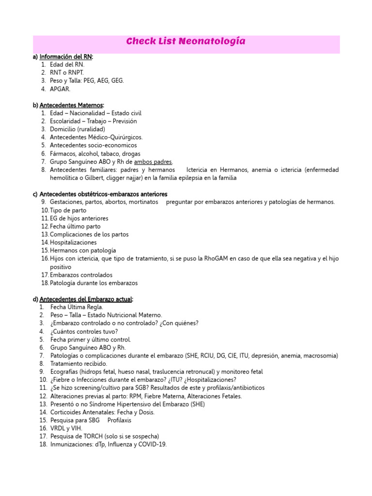 Check List Completo Neonatología | PDF | Parto | El embarazo