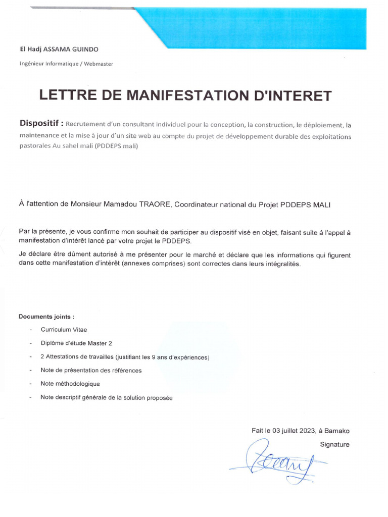 Lettre De Manifestation Dinteret Pdf 