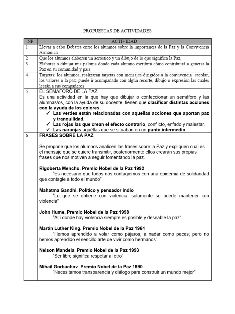 Actividades para Fomentar la Paz Escolar | PDF | Paz