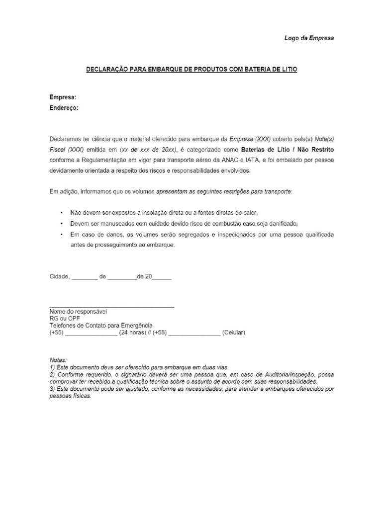 declaração bateria de litio | PDF