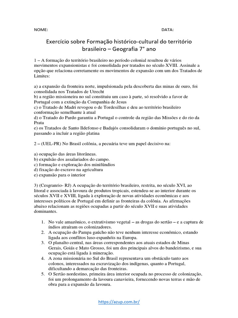 Formação Territorial do Brasil - 7º Ano | PDF | Brasil | América do Sul