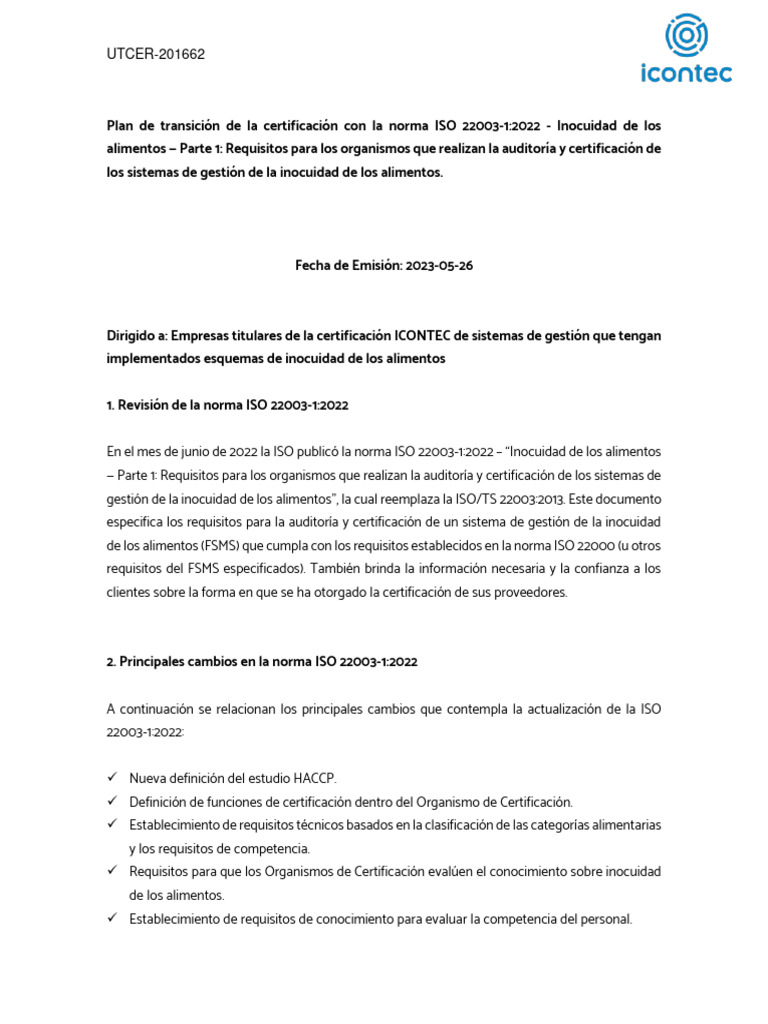 Incotec plan de transicion de la certificacion con la norma iso 22003