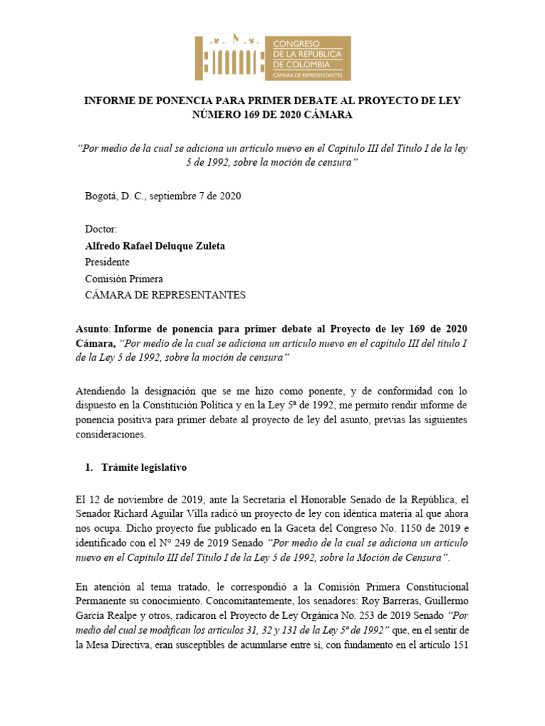 Ponencia para primer debate pl 169 20 c mocion de censura 09 2020cl