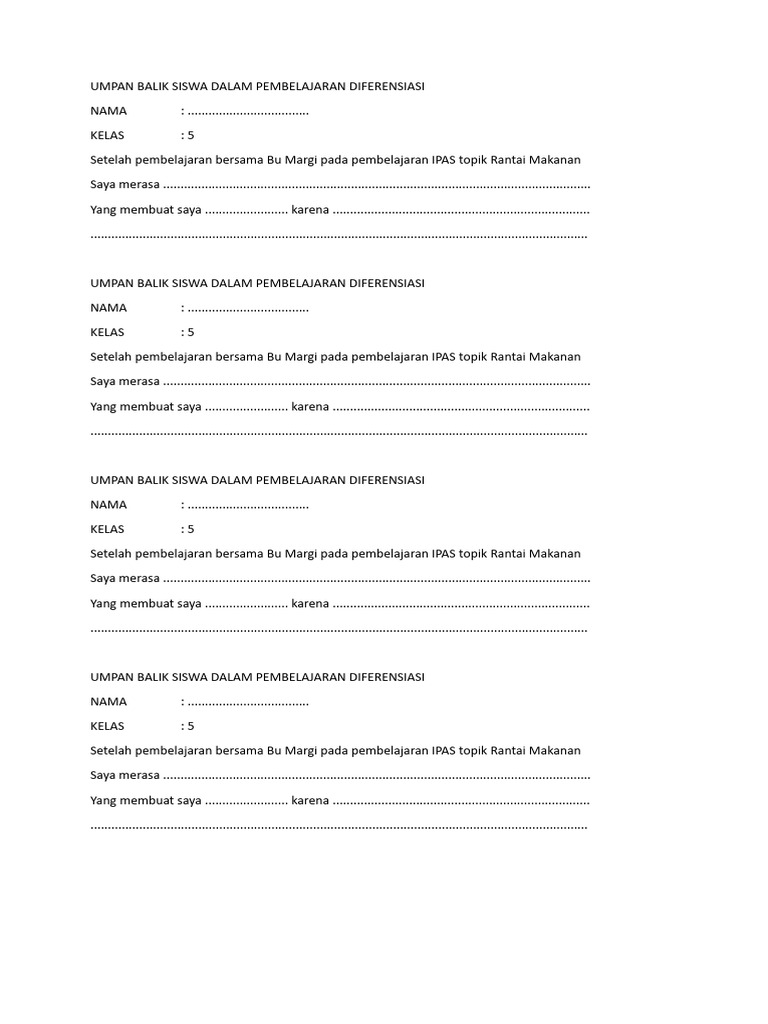 Umpan balik siswa dalam pembelajaran diferensiasi pdf