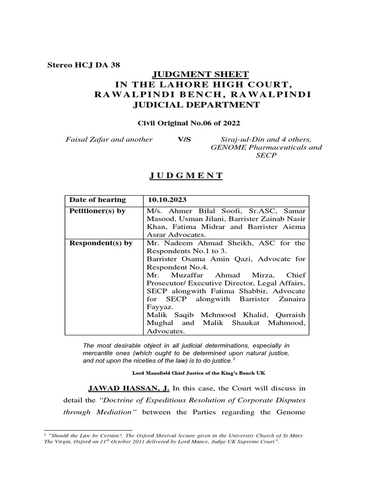 Lahore High Court Corporate Mediation Case | PDF | Mediation ...