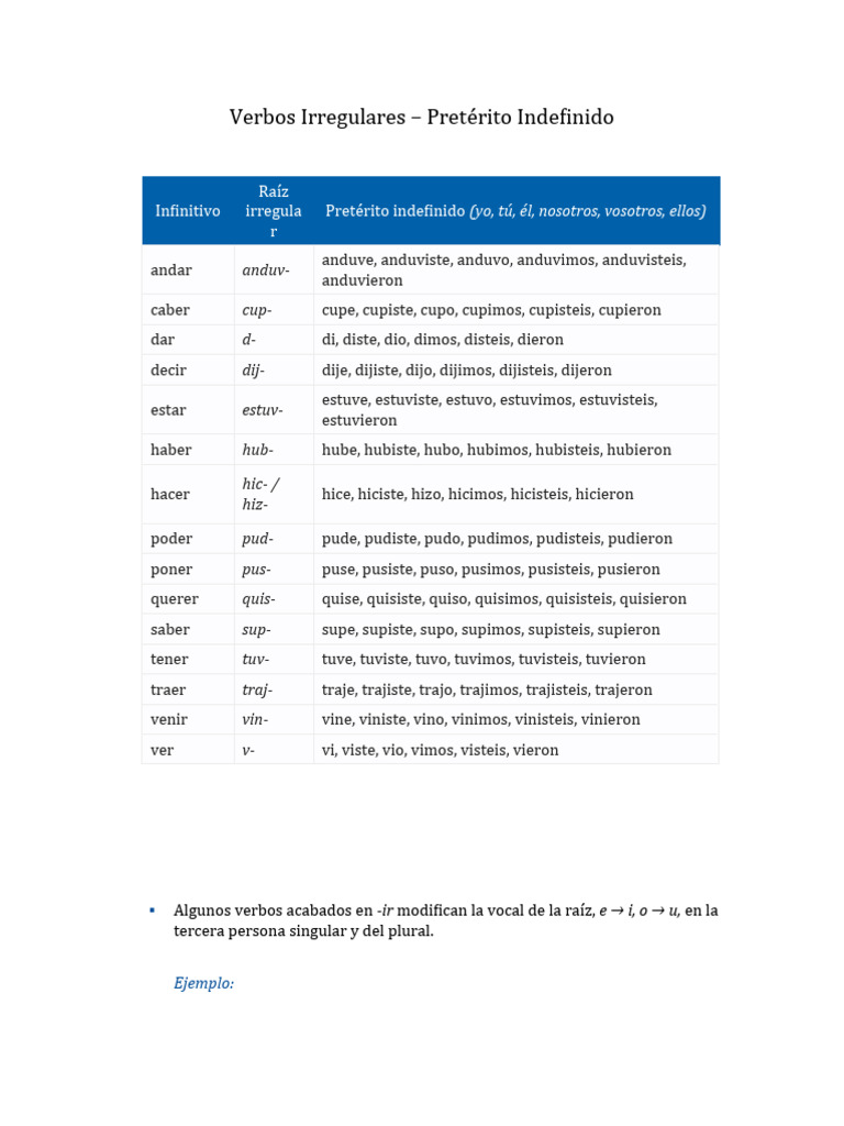 Verbos Irregulares en Pretérito Indefinido | PDF | Idiomas | Estudios ...