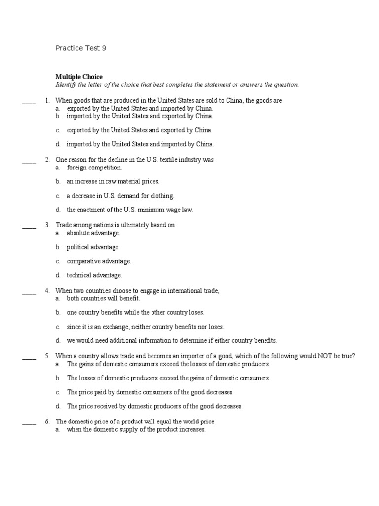 Practice Test 9 Free Trade Tariff