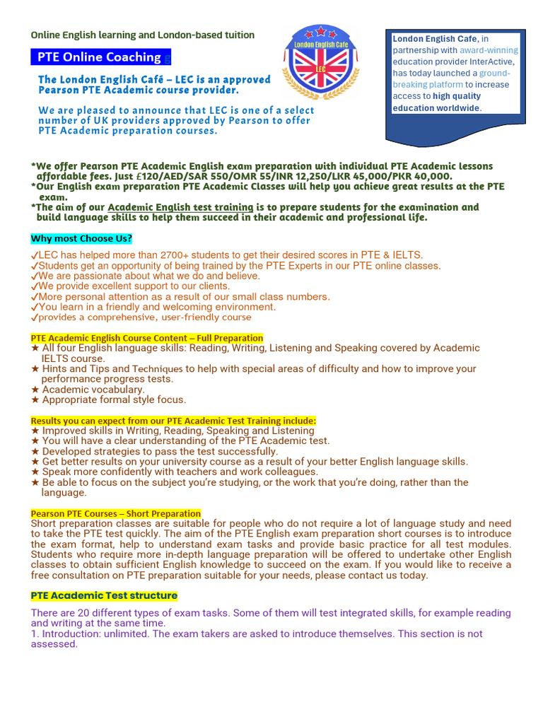 Course Details On PTE | PDF | International English Language Testing ...