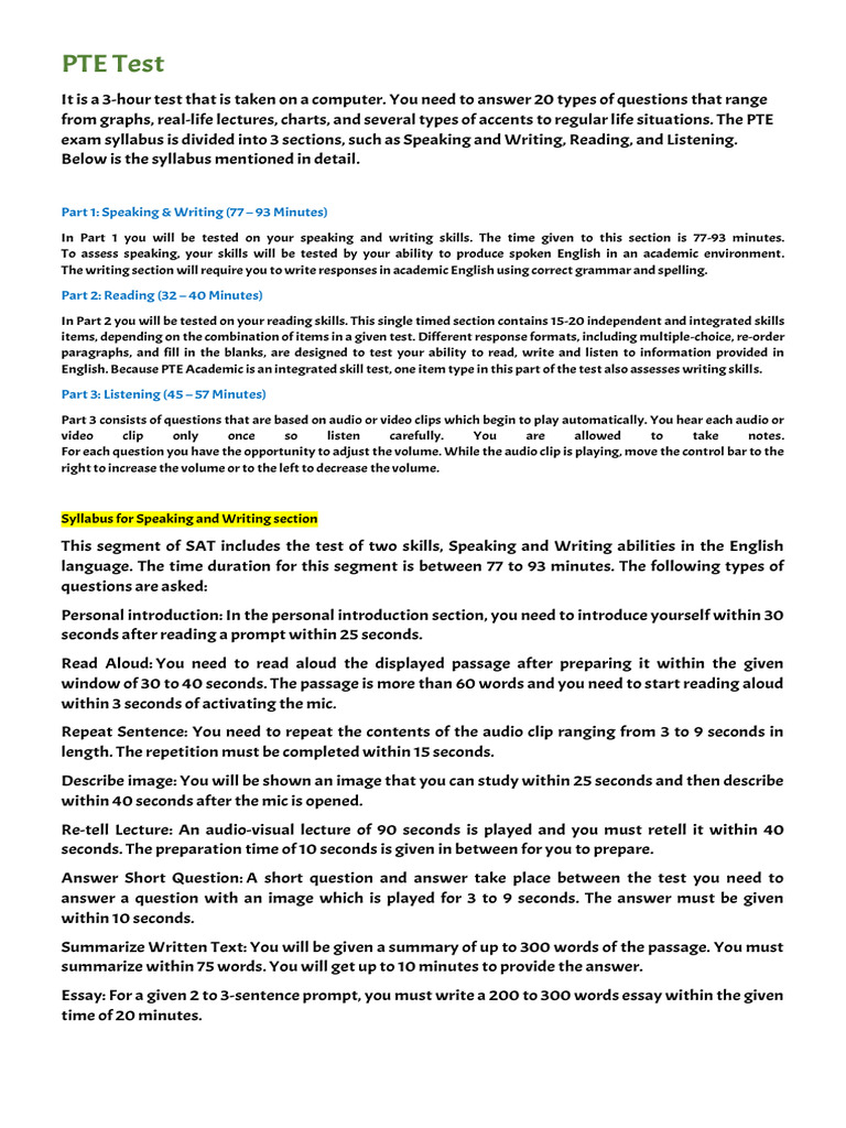 Pte Test Part 1 Speaking Writing 77 93 Minutes Pdf Multiple