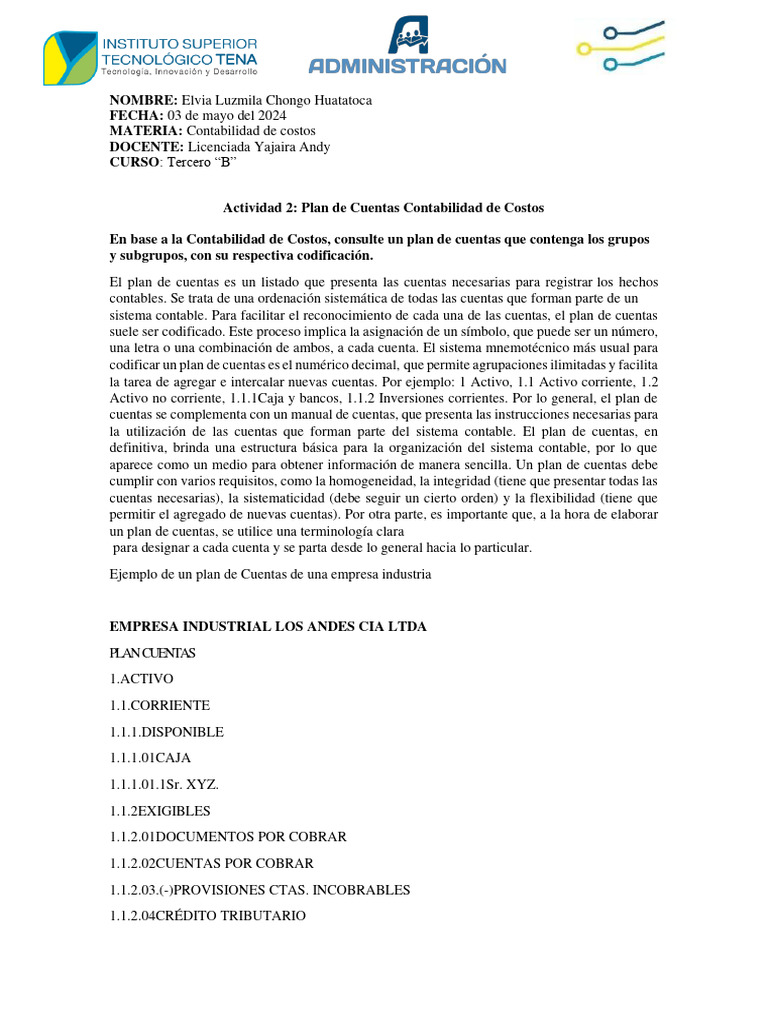 Plan de Cuentas en Contabilidad de Costos | PDF | Contabilidad ...