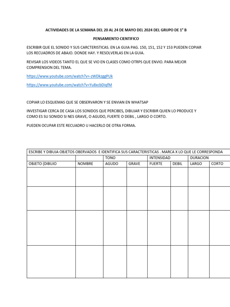 Actividades de La Semana Del 20 Al 24 de Mayo Del 2024 Del Grupo de 1 | PDF