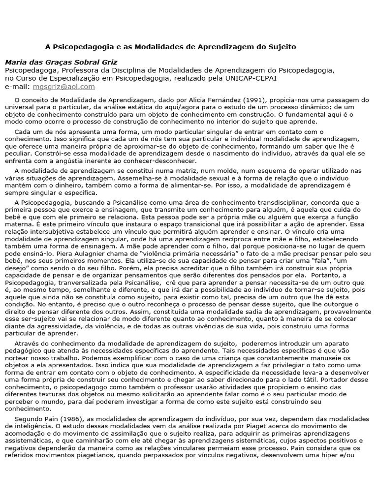 Modalidades de Aprendizagem na Psicopedagogia | PDF | Aprendizado ...