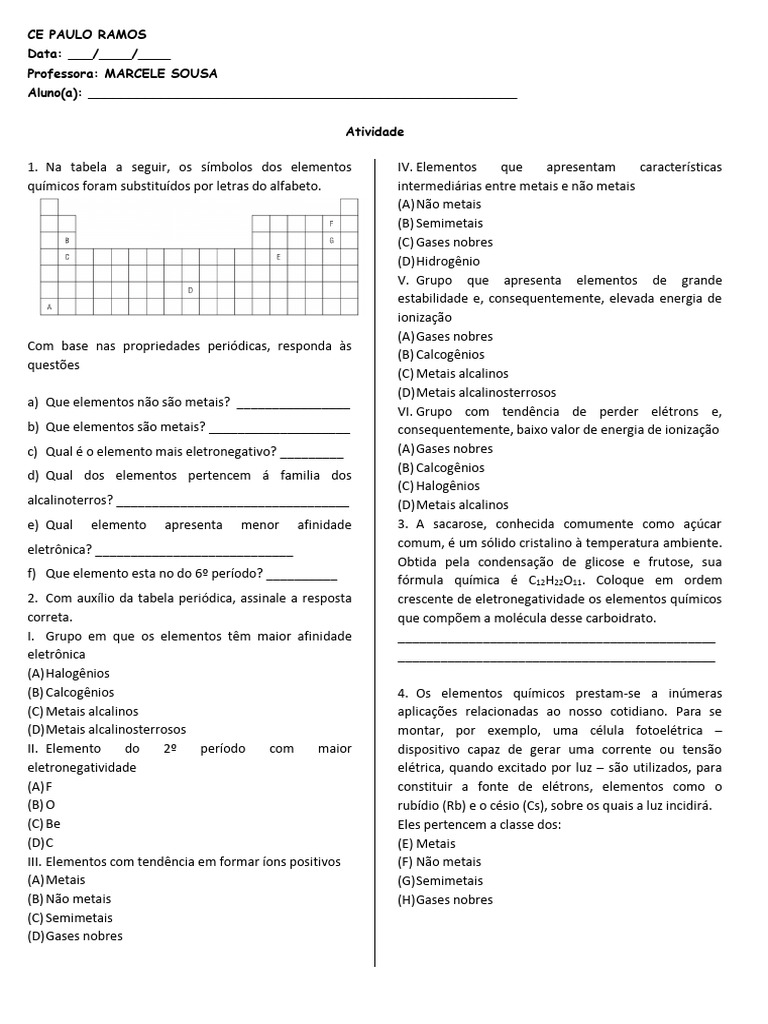Atividade sobre Tabela Periódica | PDF | Metais | Tabela periódica