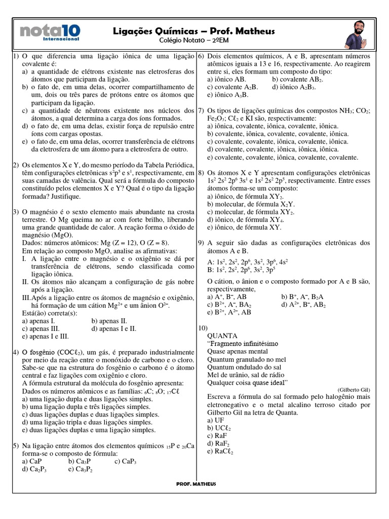 Questões de Ligações Químicas para Ensino Médio | PDF | Ligação química ...