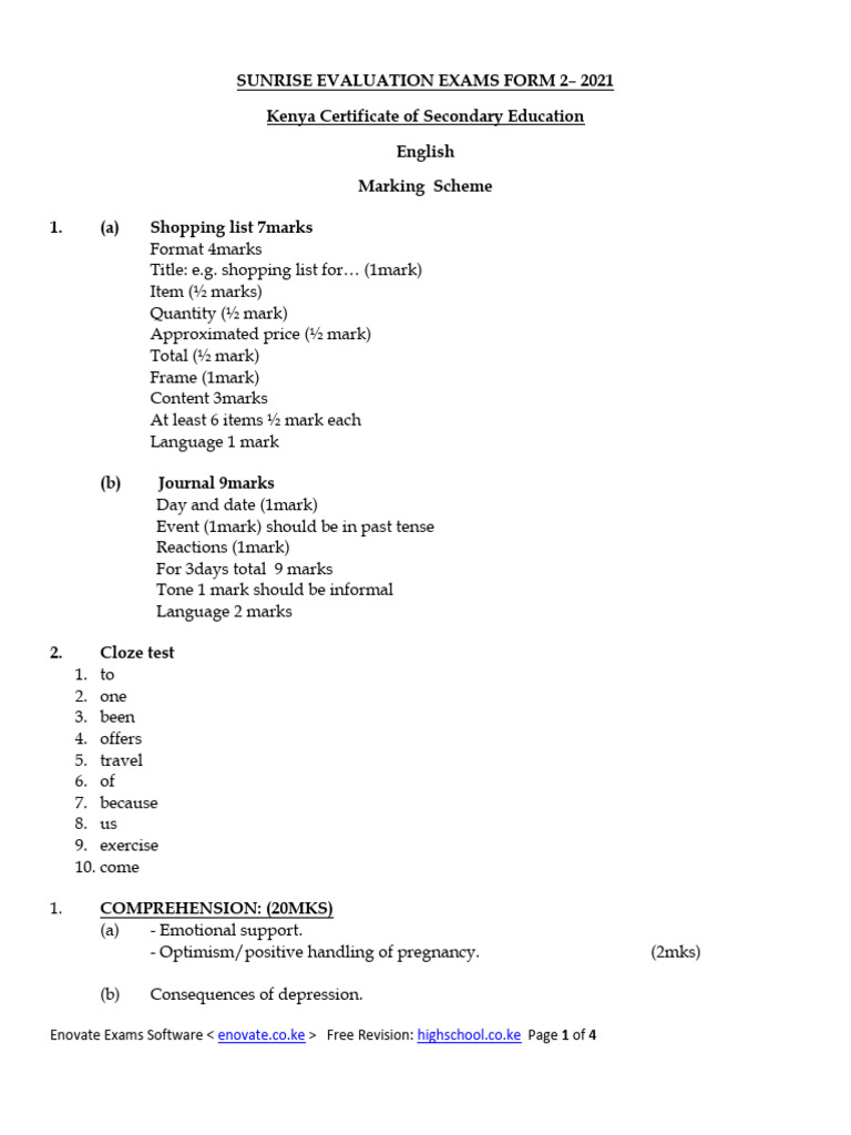 Form 2 English Exam Marking Scheme | PDF | Depression (Mood) | Mental ...