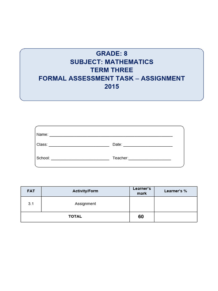 Grade 8 Term 3 Maths Assignment 2015 | PDF | Arithmetic | Mathematics