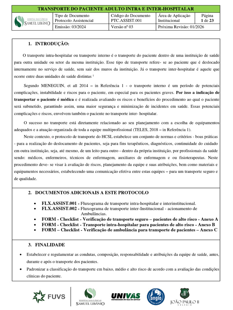 1 - Protocolo de Transporte Ao Paciente Adulto Intra e Inter Hospitalar ...