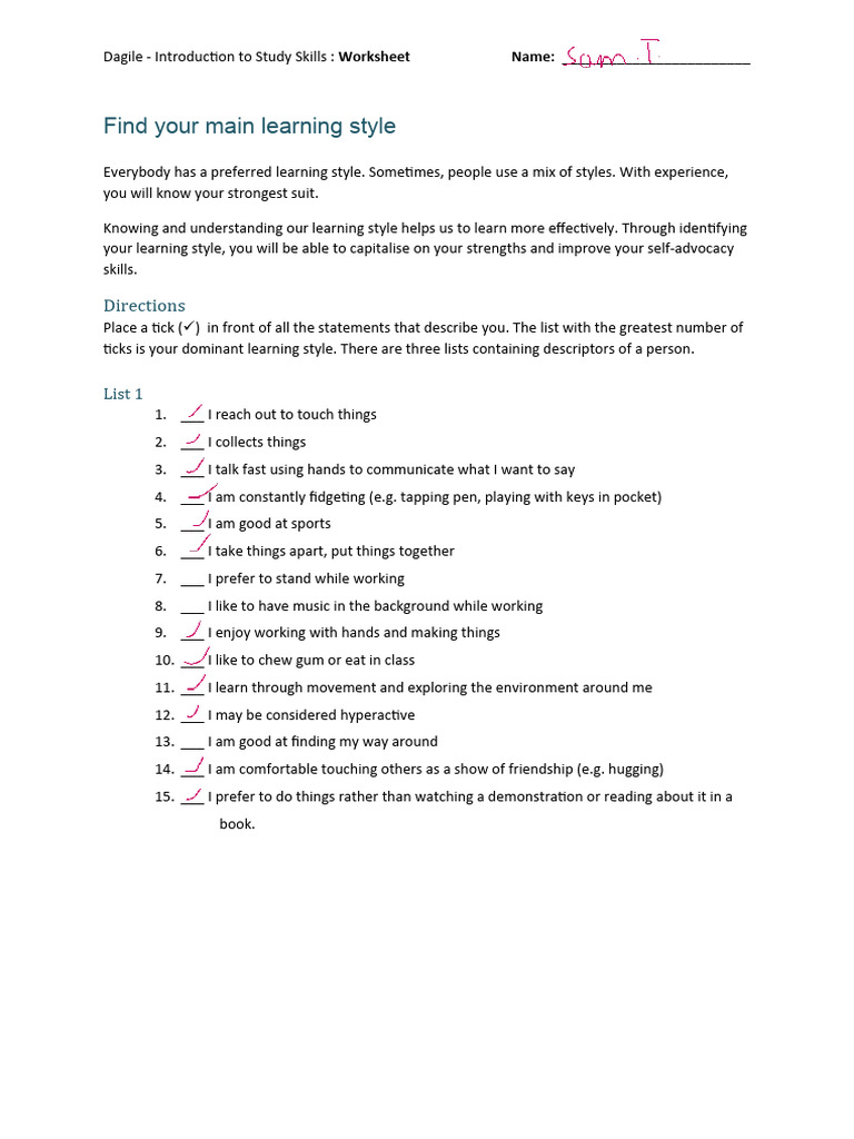 Activity 1 - Find Your Main Learning Style | PDF | Learning Styles ...