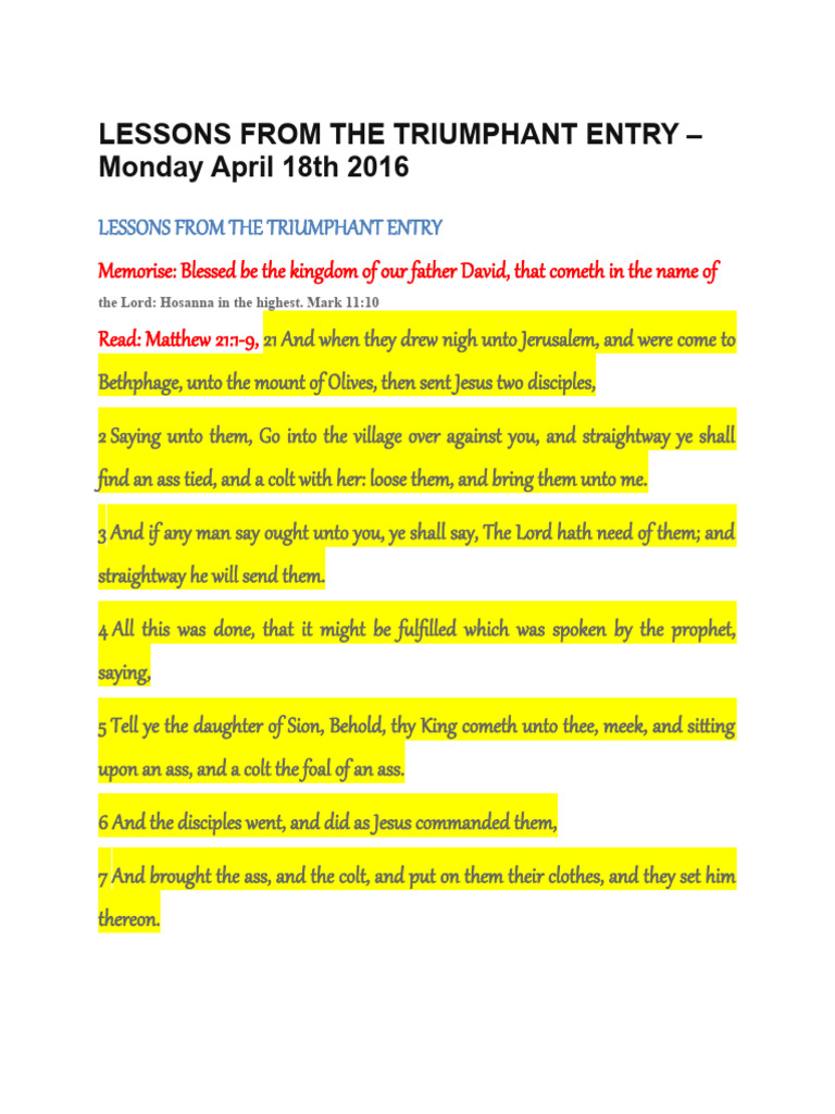 Lessons From The Triumphant Entry | PDF | Jesus | Gospel Of Mark