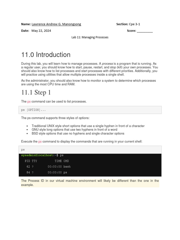 Managing Processes in Linux Lab 11 | PDF | Shell (Computing) | Computer ...