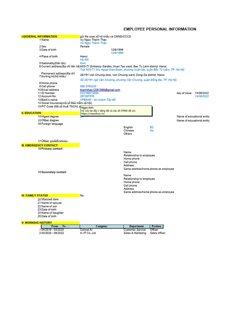 Employee Personal Information Form | PDF | Hanoi | Vietnam