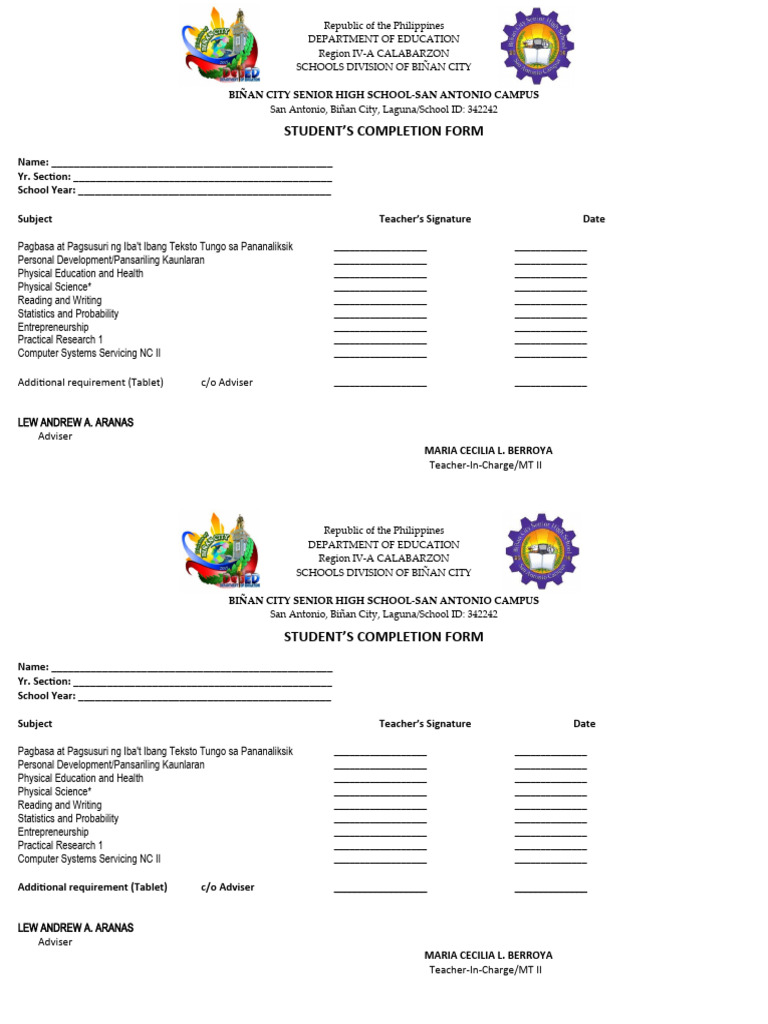 Student Completion Form Template | PDF | Science | Philippines