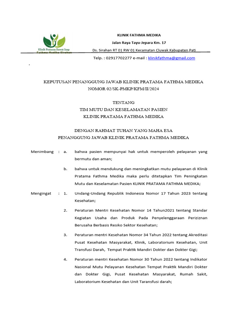 Tim Mutu dan Keselamatan Klinik Fathma | PDF