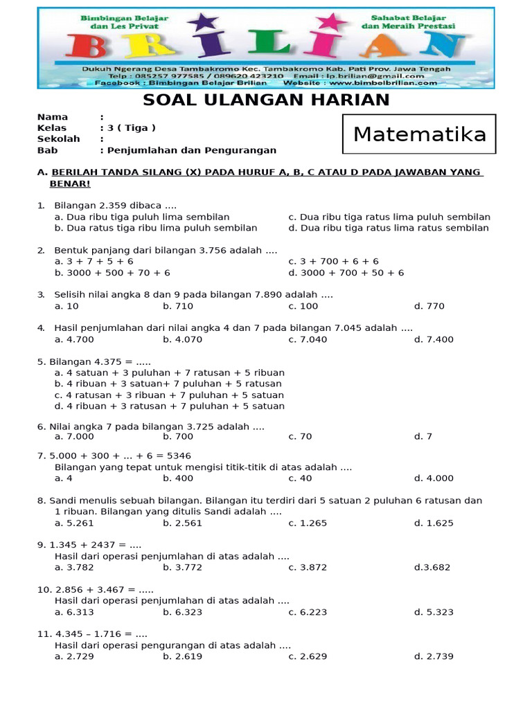 Soal Matematika Kelas 3 Sd Bab 2 Penjumlahan Dan Pengurangan Dan Kunci