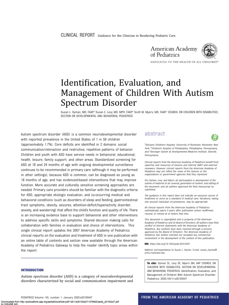 Identification, Evaluation, and Management of Children With Autism ...