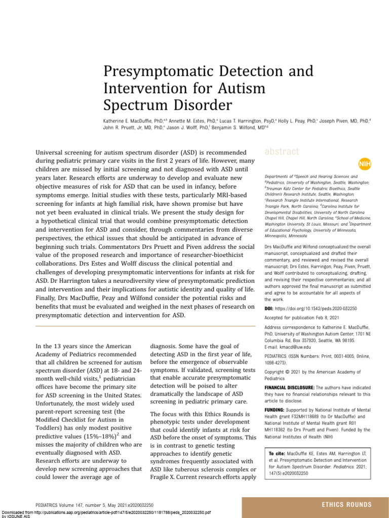 Presymptomatic Detection and Intervention For Autism Spectrum Disorder ...