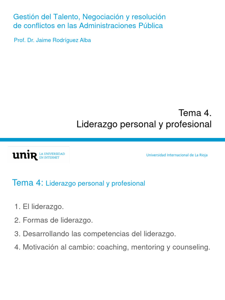 Clase 4. Tema 4. Liderazgo Personal y Profesional | PDF | Liderazgo ...