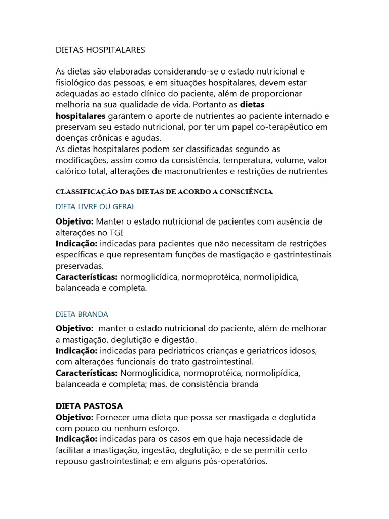 Dietas Hospitalar Pdf Nutrientes Sistema Digestivo Humano
