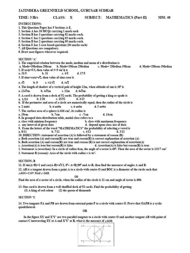 Class X Mathematics Question Paper | PDF | Sphere | Circle