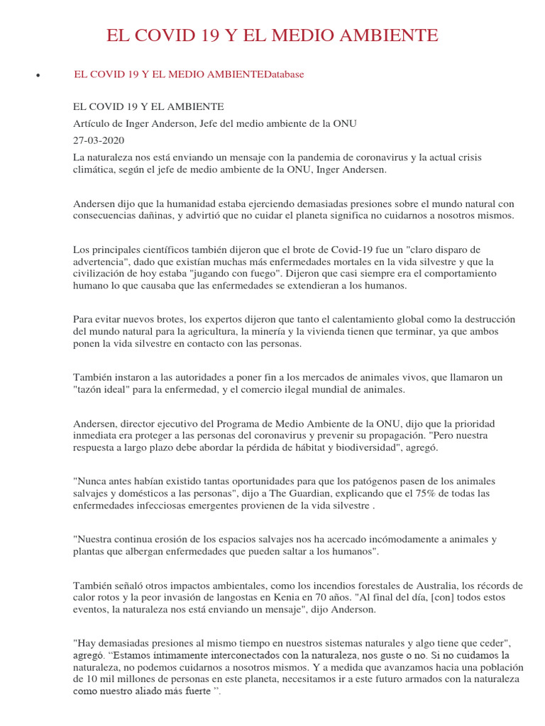 El Covid 19 y El Medio Ambiente | PDF | Entorno natural | Virus