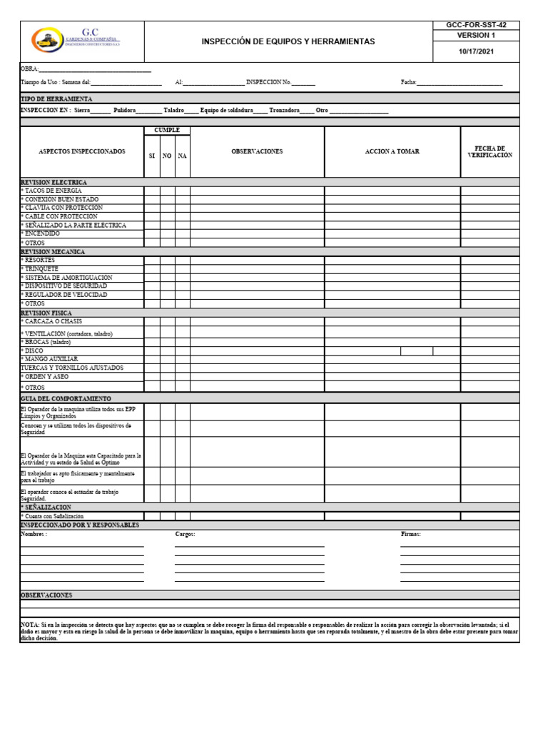 Gcc for sst 42 inspeccion de herramientas y equipos pdf perforar