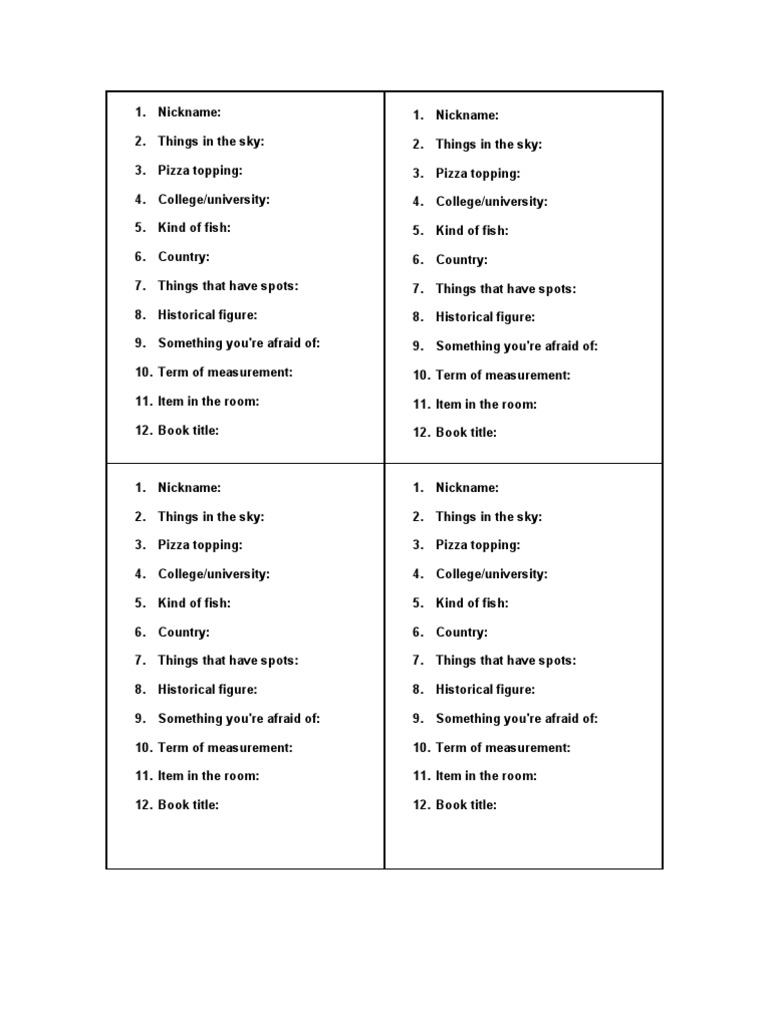 Scattergories Lists | Leisure