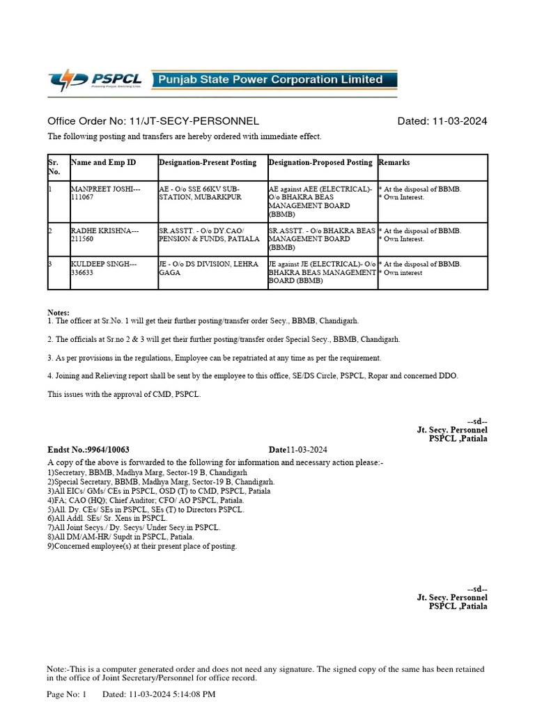 PSPCL HRMS Posting and Transfers Order | PDF