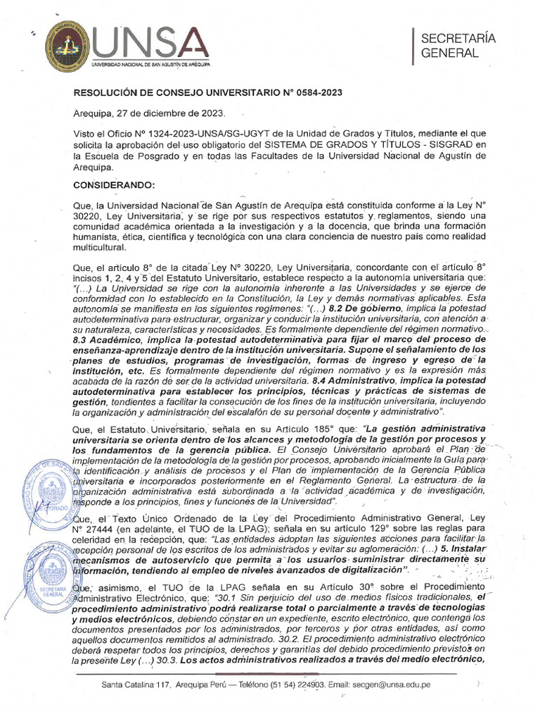 Rcu 0584 2023 Sisgrad Graduate Unsa | PDF