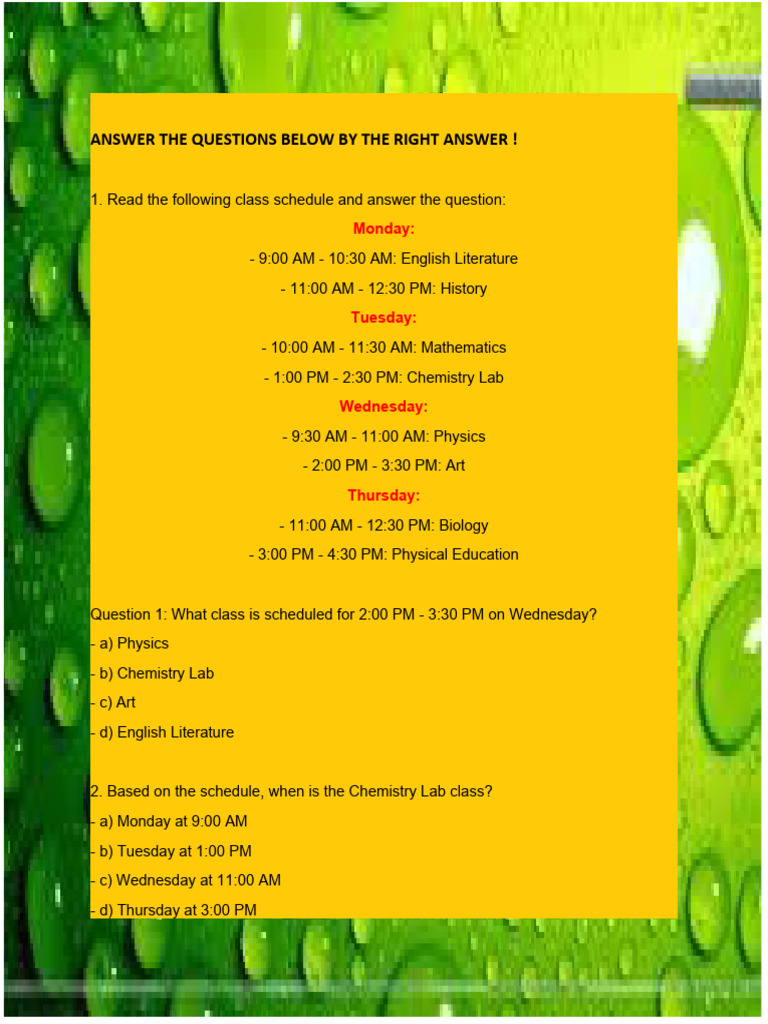Class Schedule Quiz and Answers | PDF