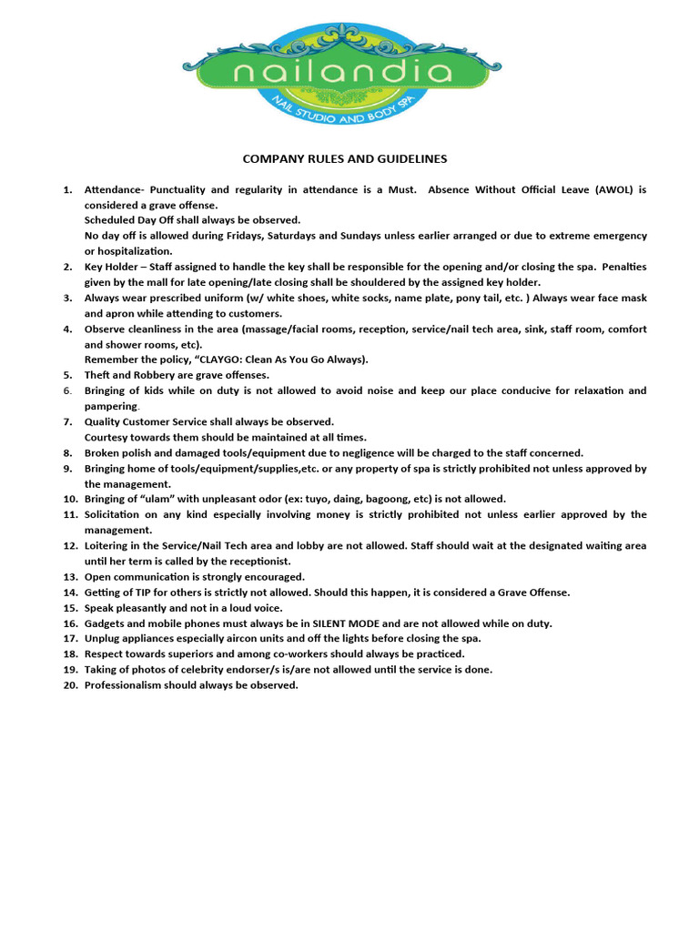 Spa Company Rules and Guidelines | PDF | Career & Growth | Home & Garden